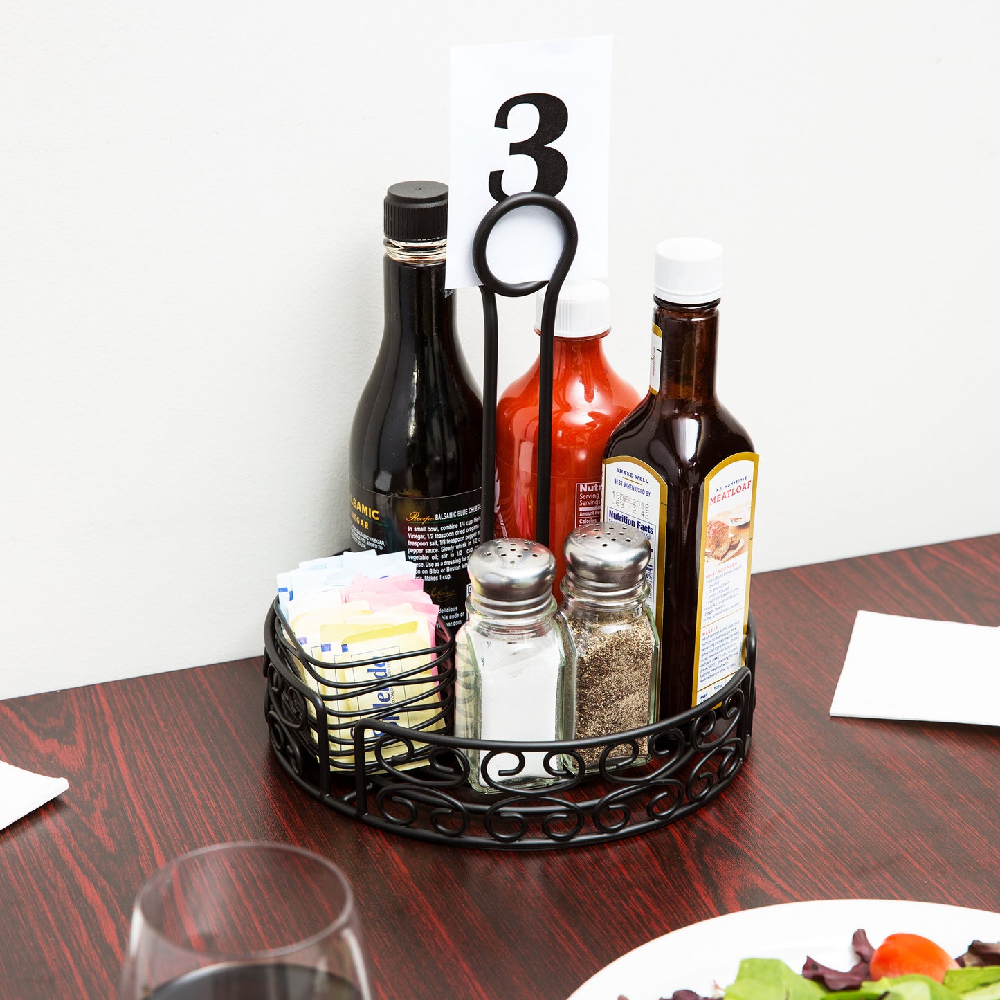 BLACK ROUND MEDITERRANEAN WROUGHT IRON CONDIMENT CADDY WITH CARD HOLDER - 8" X 9 1/2"