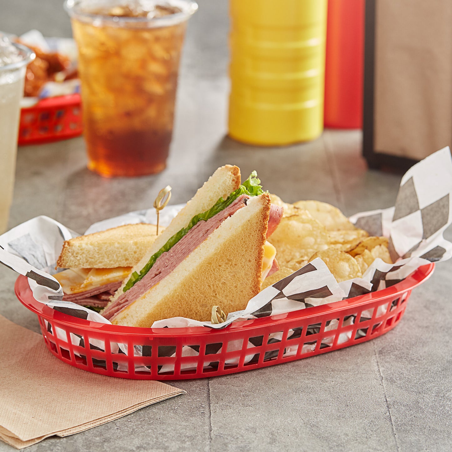 11" X 7" X 1 1/2" RED OVAL PLASTIC FAST FOOD BASKET (12/PK)