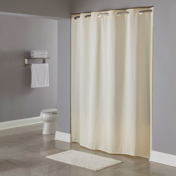 HOOKLESS HBH04PDT05L BEIGE 8-GAUGE PIN DOT SHOWER CURTAIN WITH MATCHING FLAT FLEX-ON RINGS AND WEIGHTED CORNER MAGNETS - 71" X 77"