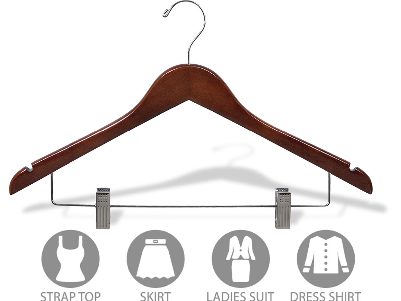 LADIES' WOOD FLAT SUIT HANGER W/CLIPS- BALL TOP HOOK- WALNUT (100/CS)