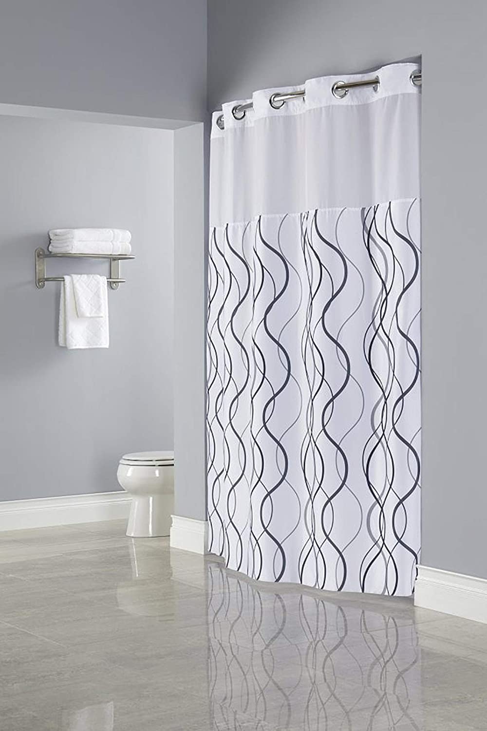 SHOWER CURTAIN / WAVES / HOOK-FREE POLYESTER 71 X 77