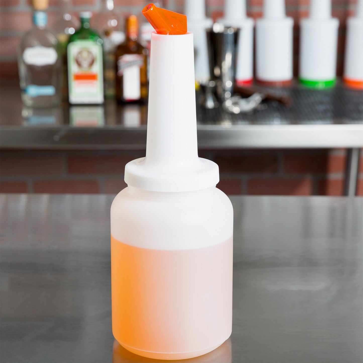 2 QT. WHITE POUR BOTTLE WITH ORANGE SPOUT AND CAP