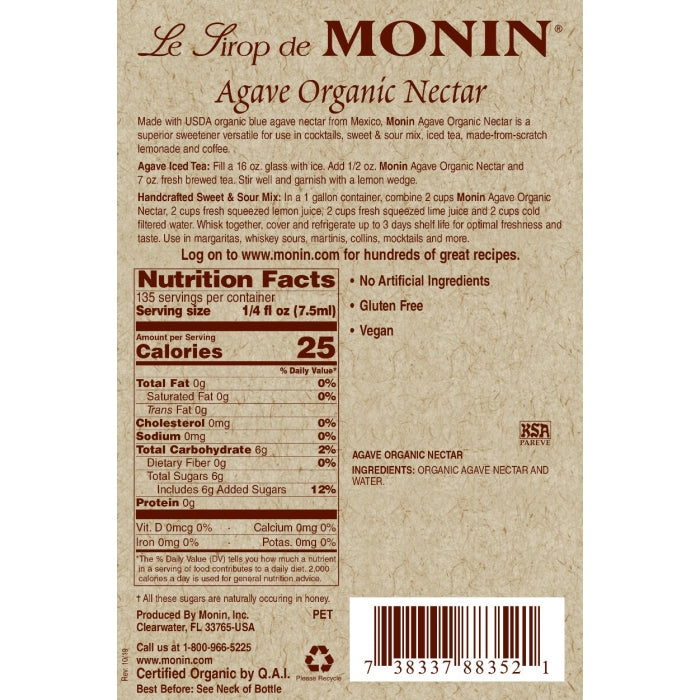AGAVE NECTAR / ORGANIC / MONIN / 750 ML