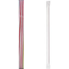 WRAPPED JUMBO STRAWS, 10 1/4", PLASTIC, WHITE W/ RED STRIP,
