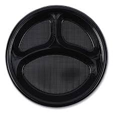 10 INCH PLASTIC PLATE / BLACK / 3 COMPARTMENT (500/CS)