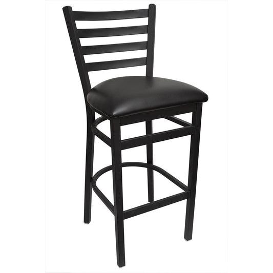 BARCONIC® BLACK FRAME BAR STOOL - LADDER BACK - BLACK VINYL SEAT