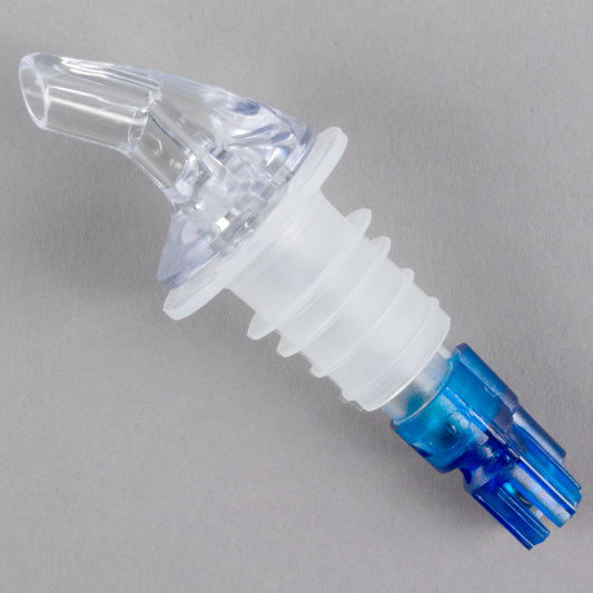 .875 OZ. CLEAR SPOUT / BLUE TAIL MEASURED LIQUOR POURER WITHOUT COLLAR - 12/PACK