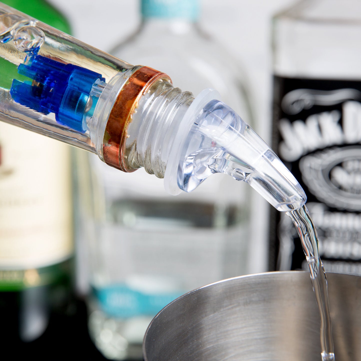 .875 OZ. CLEAR SPOUT / BLUE TAIL MEASURED LIQUOR POURER WITHOUT COLLAR - 12/PACK