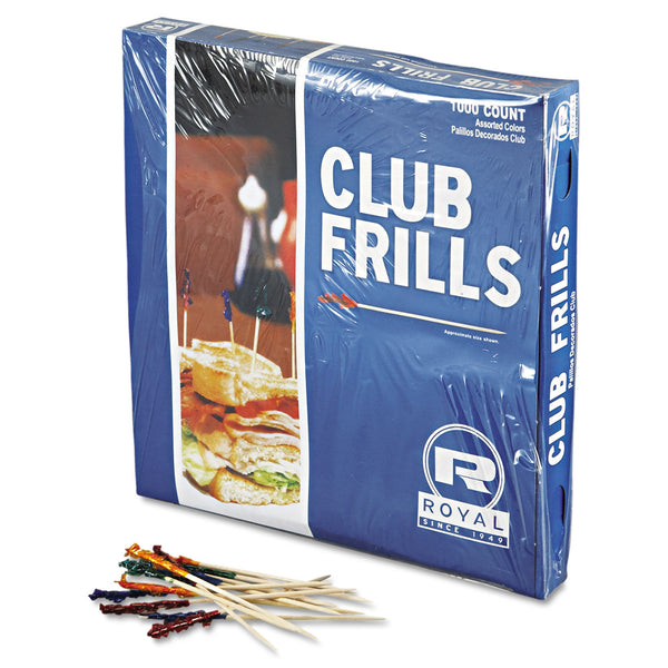 FRILL / CLUB CELLOPHANE-FRILL WOOD PICKS, 4", ASSORTED (1,000/BOX)