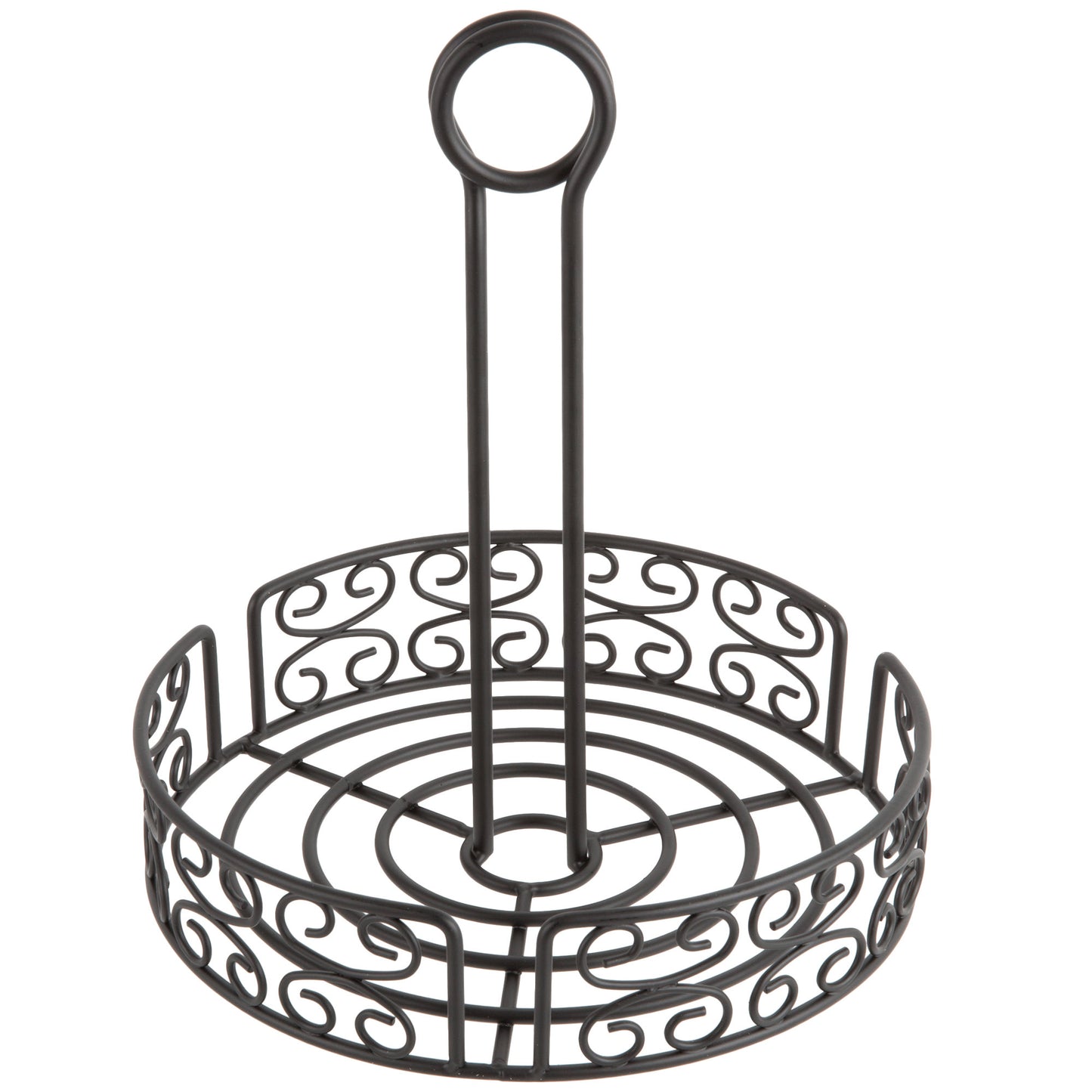 BLACK ROUND MEDITERRANEAN WROUGHT IRON CONDIMENT CADDY WITH CARD HOLDER - 8" X 9 1/2"