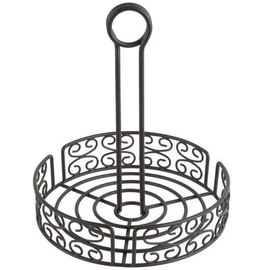BLACK ROUND MEDITERRANEAN WROUGHT IRON CONDIMENT CADDY WITH CARD HOLDER - 8" X 9 1/2"