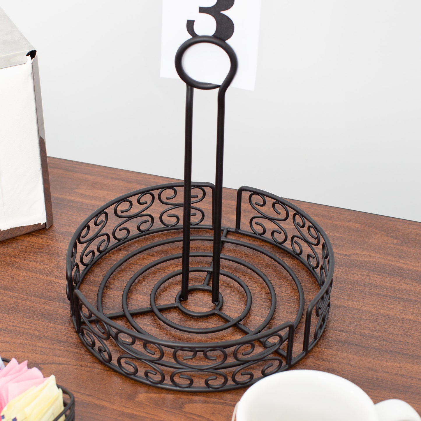 BLACK ROUND MEDITERRANEAN WROUGHT IRON CONDIMENT CADDY WITH CARD HOLDER - 8" X 9 1/2"