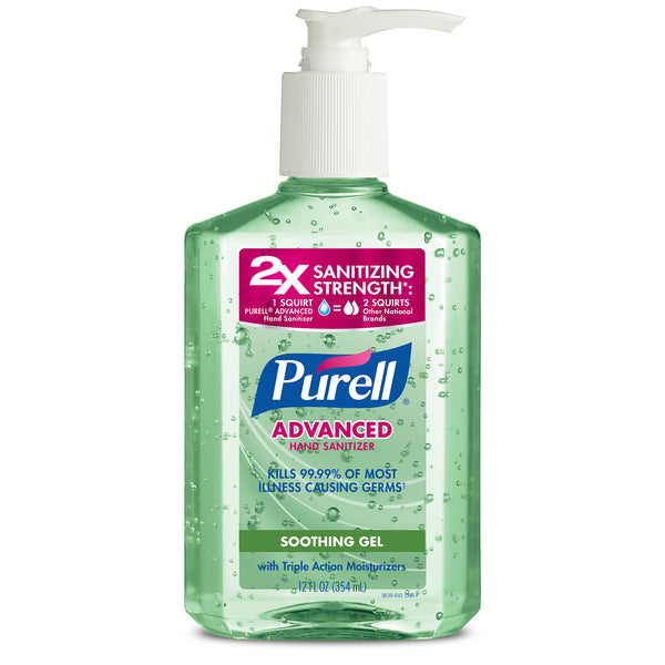 PURELL ADVANCED HAND SANITIZER SOOTHING GEL, FRESH SCENT WITH ALOE AND VITAMIN E, 12 OZ PUMP BOTTLE, 12/CARTON