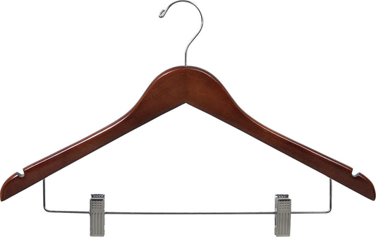 LADIES' WOOD FLAT SUIT HANGER W/CLIPS- BALL TOP HOOK- WALNUT (100/CS)