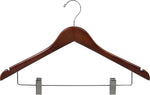 LADIES' WOOD FLAT SUIT HANGER W/CLIPS- BALL TOP HOOK- WALNUT (100/CS)