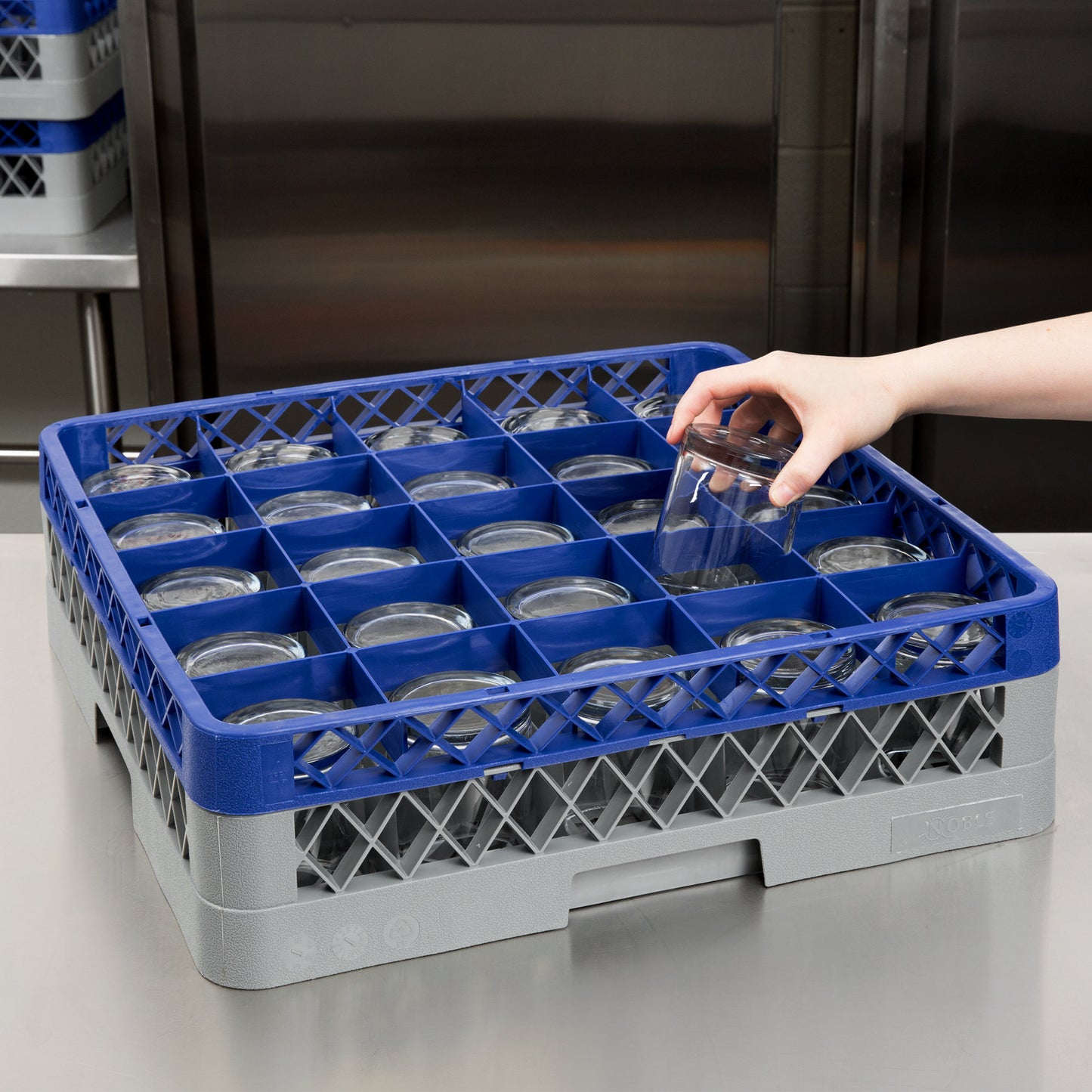 25-COMPARTMENT GRAY FULL-SIZE GLASS RACK WITH BLUE EXTENDER - 19 3/8" X 19 3/8" X 5 3/4"