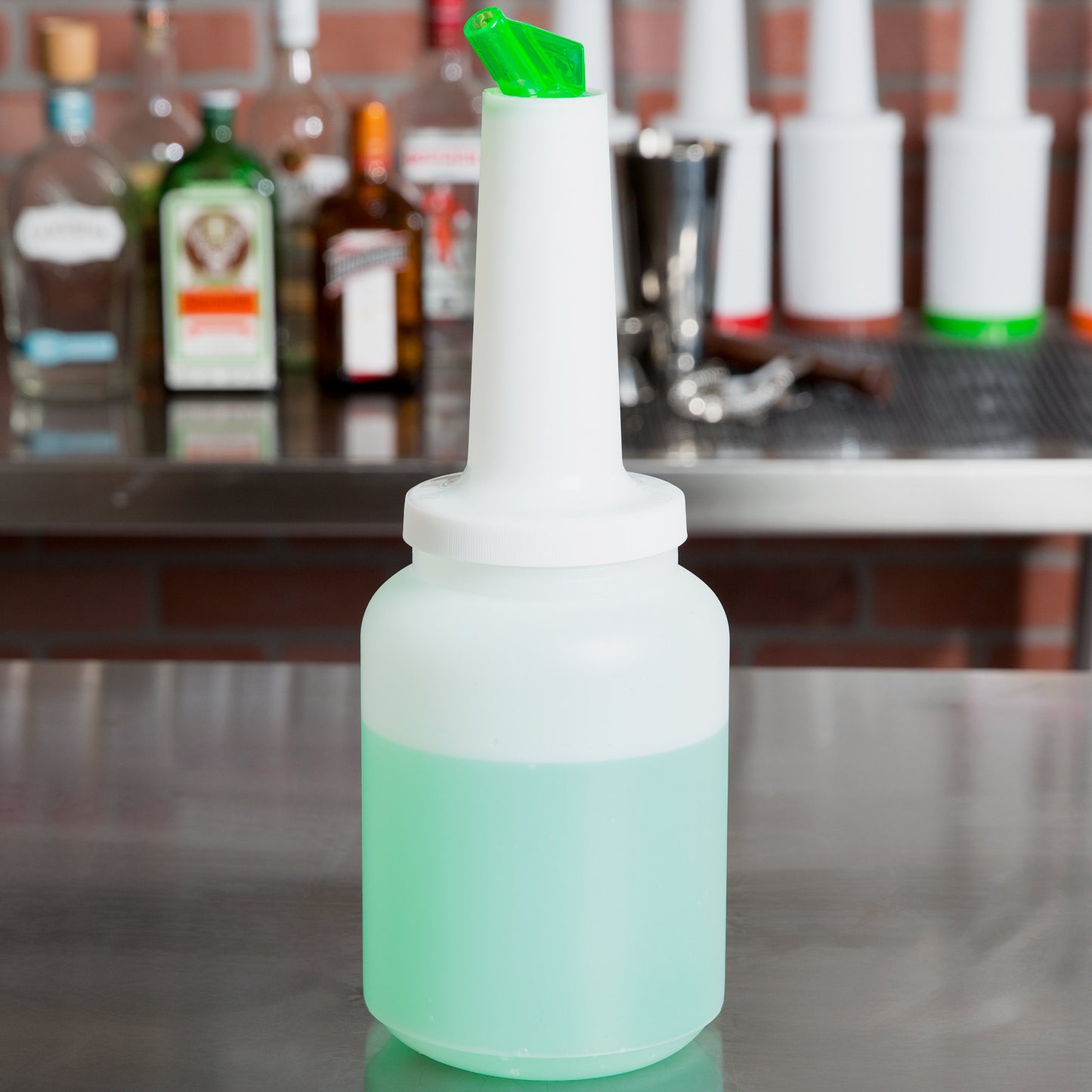 2 QT. WHITE POUR BOTTLE WITH GREEN SPOUT AND CAP