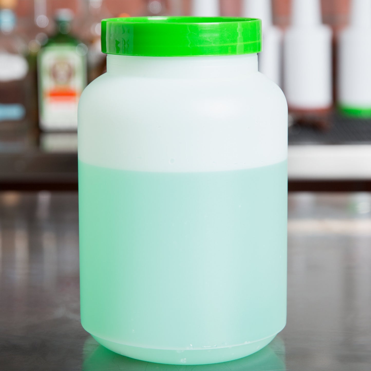 2 QT. WHITE POUR BOTTLE WITH GREEN SPOUT AND CAP