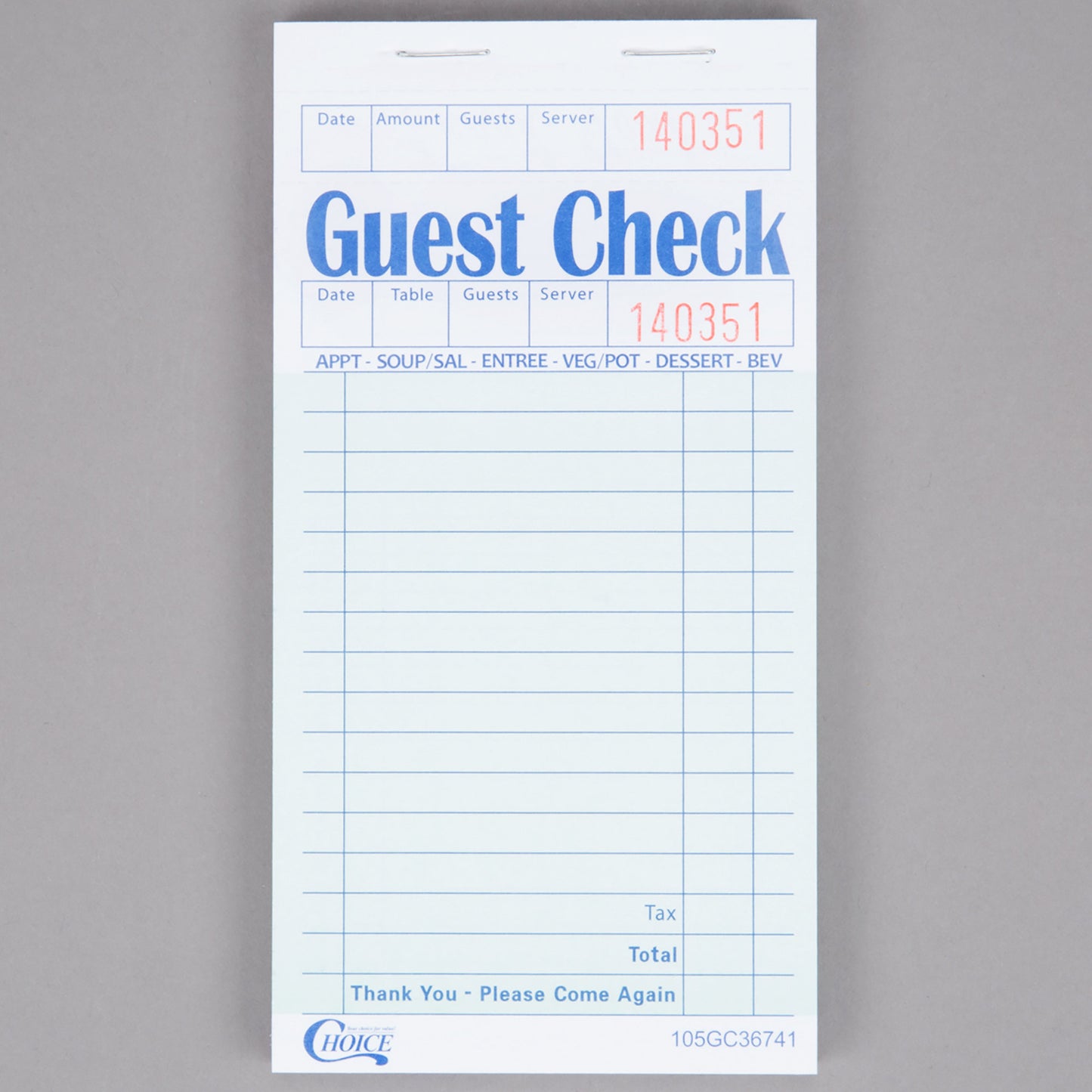 GUEST CHECK / BOARD / 1 PART 3.5" X 6.75" (50/CS)