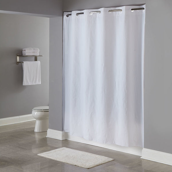 HOOKLESS HBH04PDT01L WHITE 8-GAUGE PIN DOT SHOWER CURTAIN WITH MATCHING FLAT FLEX-ON RINGS AND WEIGHTED CORNER MAGNETS - 71" X 77"