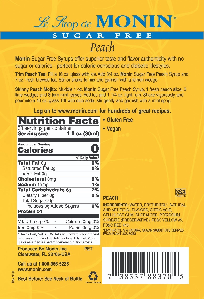 PEACH SUGAR FREE / MONIN / 1 LITER / (4/CS)