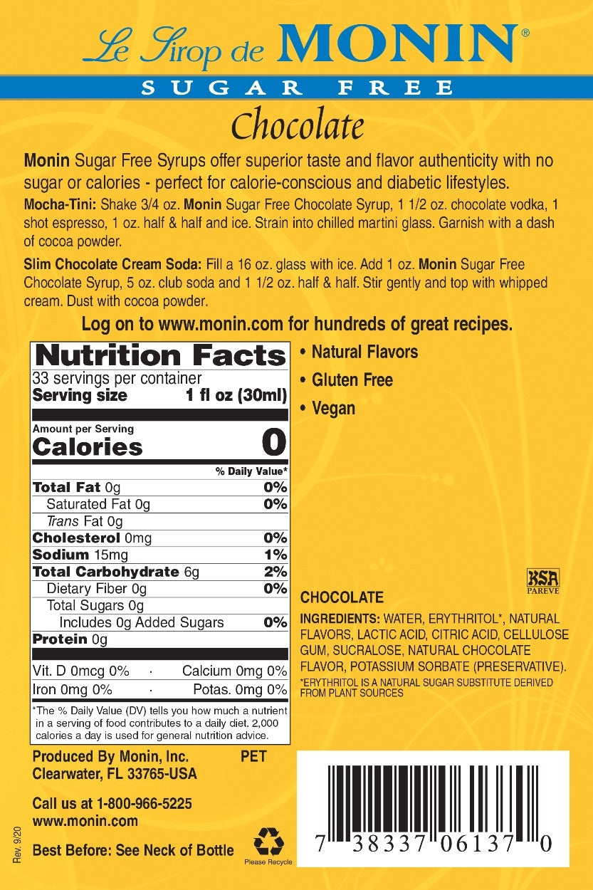 CHOCOLATE SUGAR FREE / MONIN / 1 LITER / (4/CS)