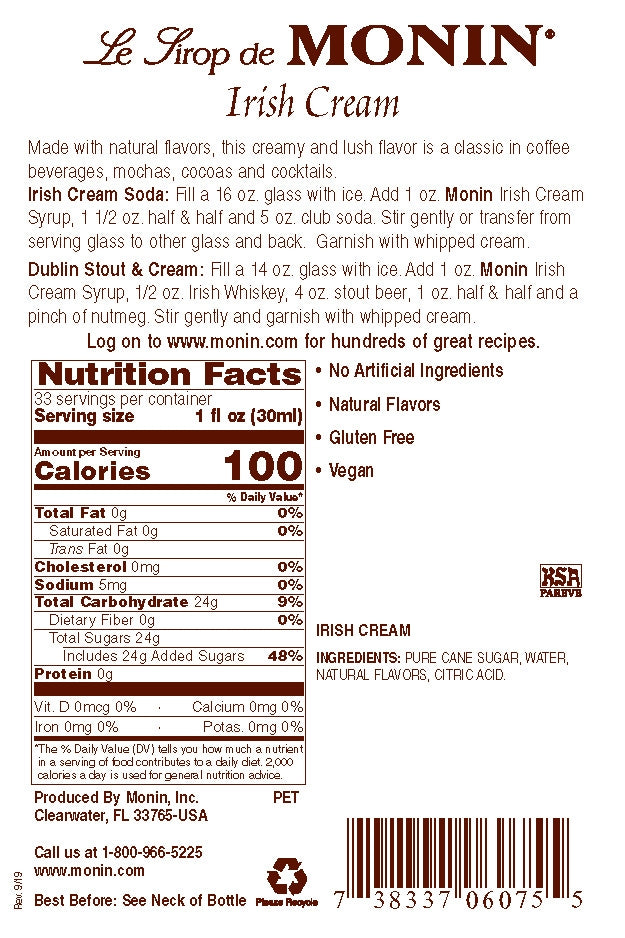 IRISH CREAM / MONIN / 1 LITER / (4/CS)