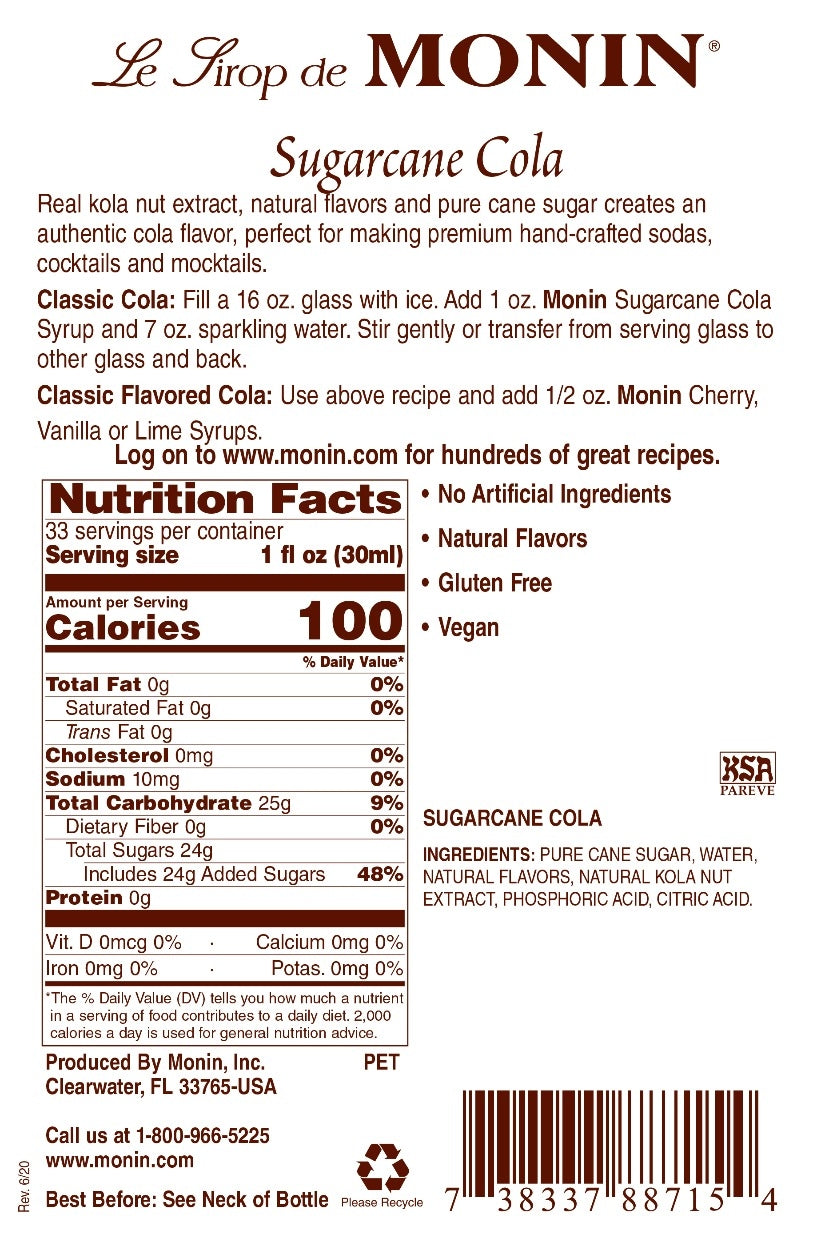 SUGARCANE COLA / MONIN / 1 LITER / (4/CS)