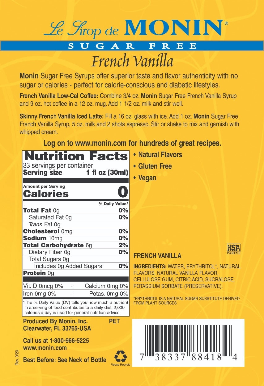 VANILLA, FRENCH SUGAR FREE / MONIN / 1 LITER / (4/CS)